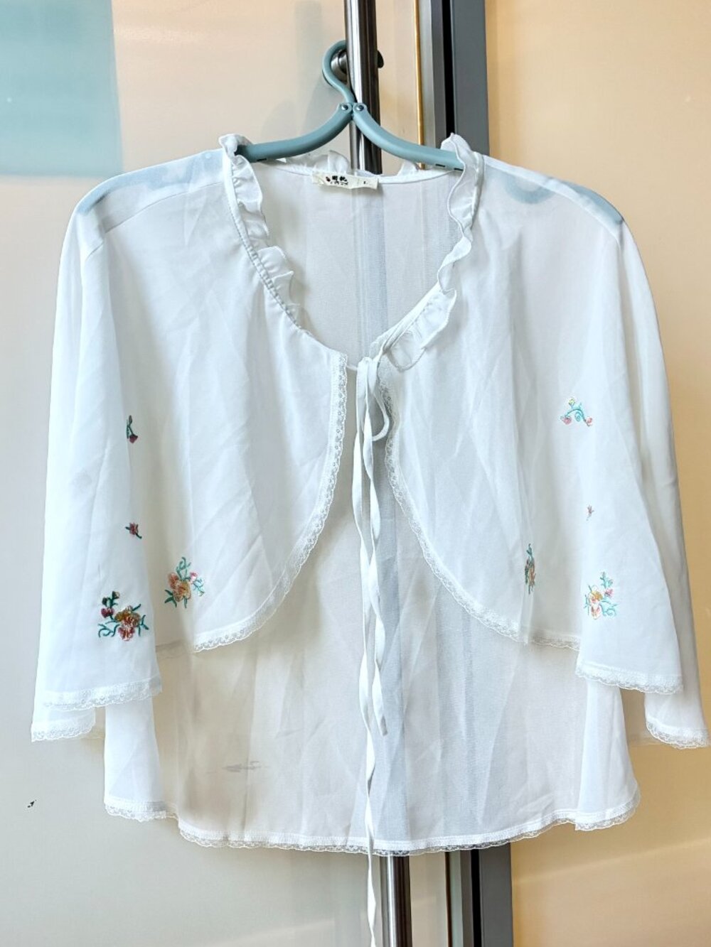 White Chiffon Pink Flora Embroidered Shawl - Chinese Top